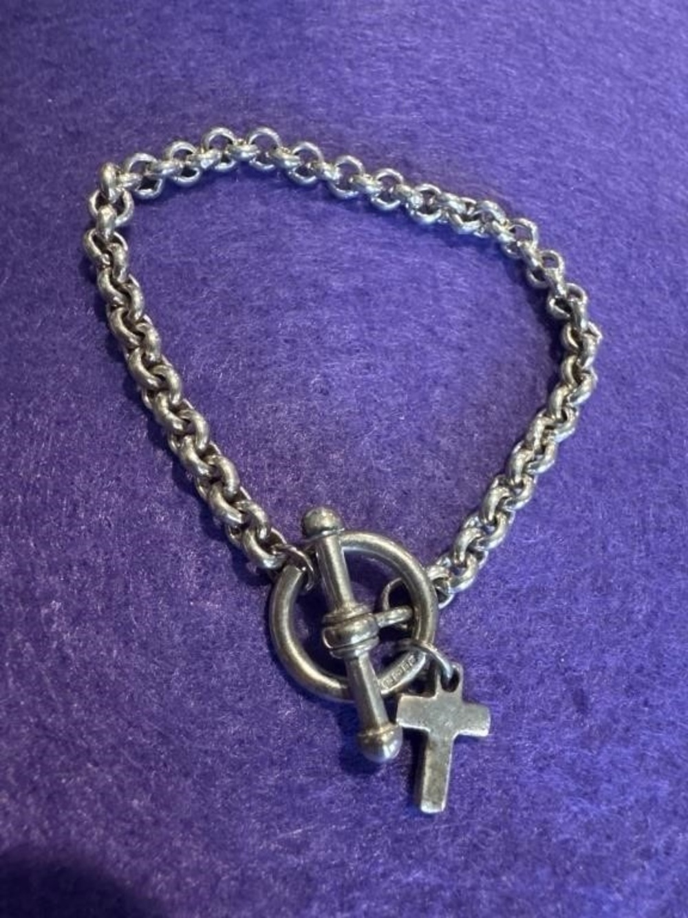 Vintage 925 Sterling Silver Toggle Bracelet w/ Cross Charm - 7.5” 18.47g